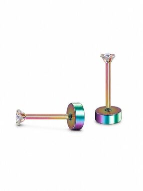 Rainbow CZ Flat Back Stud Earrings 20G 2mm Iridescent CZ Stainless Steel